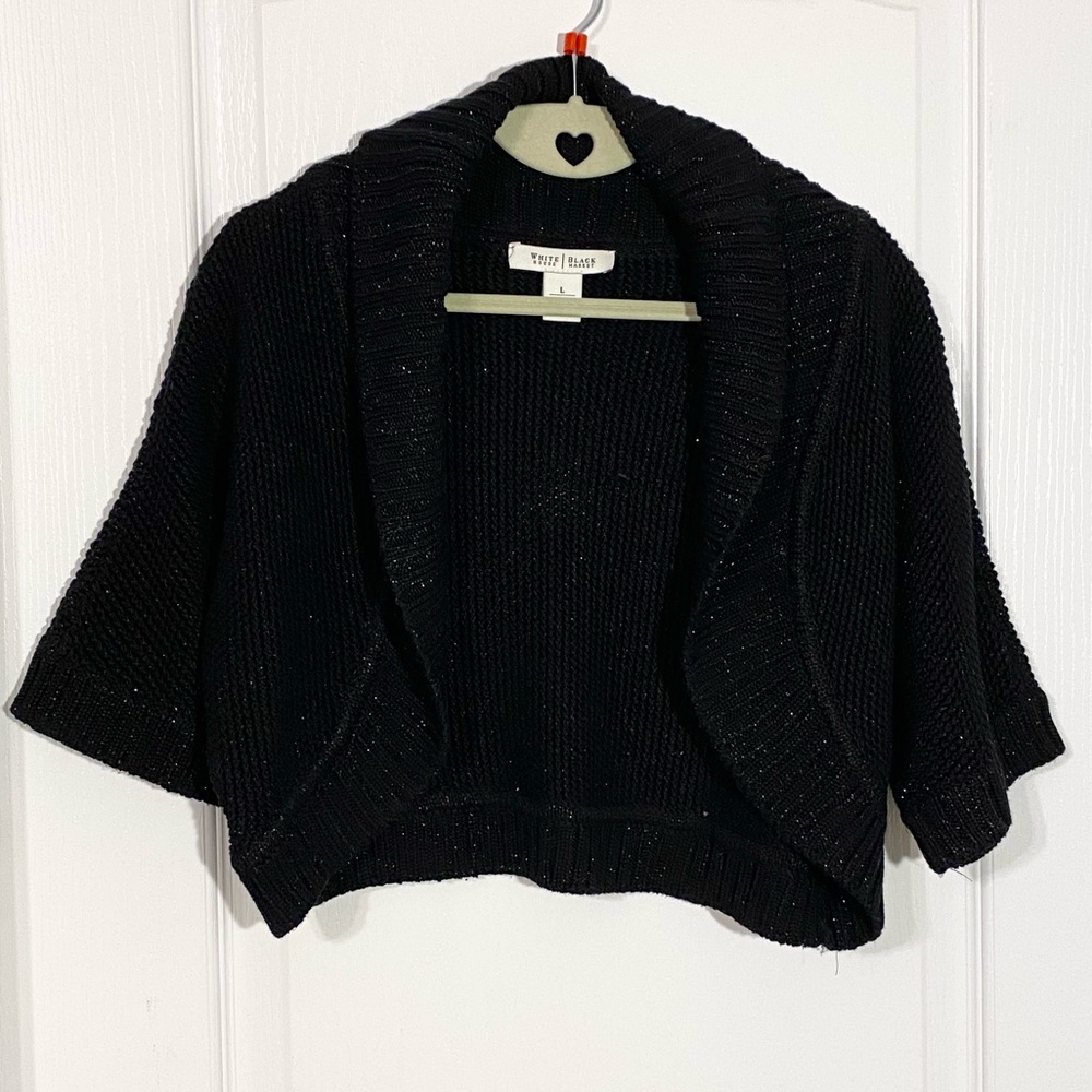 WHBM Metallic Short Sleeve Shrug Sweater Black Large White House Black Market